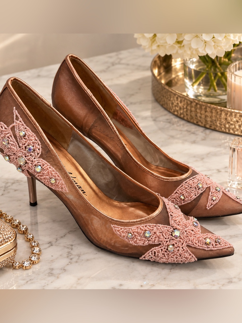 Beverly Feldman Crystal Mesh Heels Size 10 | Rhinestone Beaded Evening Cocktail